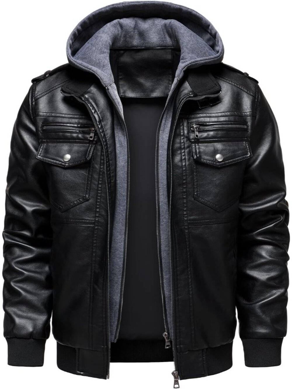 Men’s Black Windproof Removable Hood Multi-Pockets Turn Down Collar Jackets